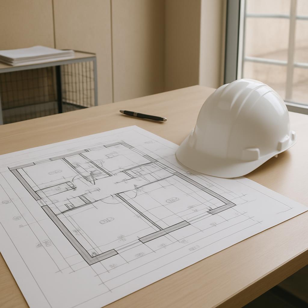 A desk with a blueprint, hard hat, and pen, suggesting an architectural setting.