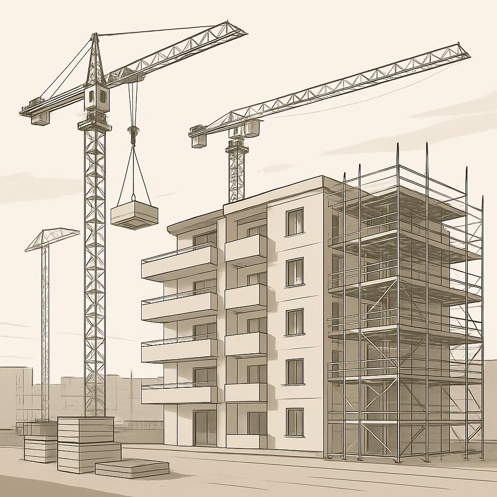 A drawing of a building under construction, featuring scaffolding and cranes.